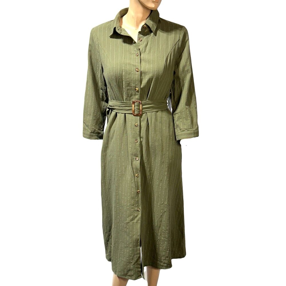 Lulus Women’s Midi Shirt Dress Olive Striped Belted Size L Button Front NWT
